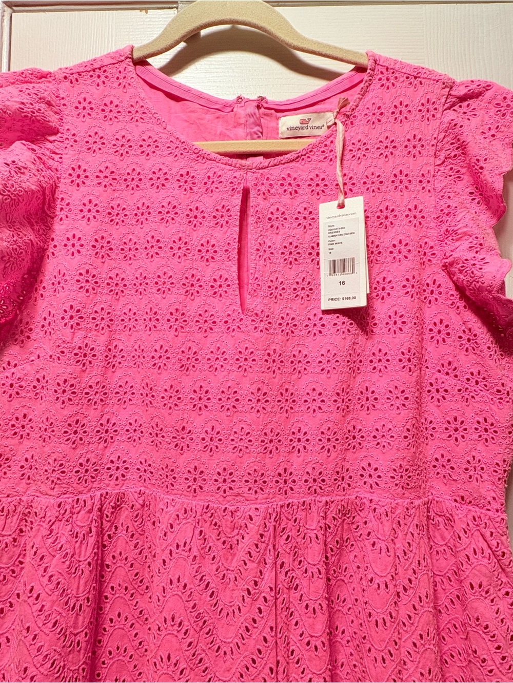 Vineyard Vines Bright Pink Eyelet Ruffle-Hem Lined Dress Size 16 - Picture 4 of 10